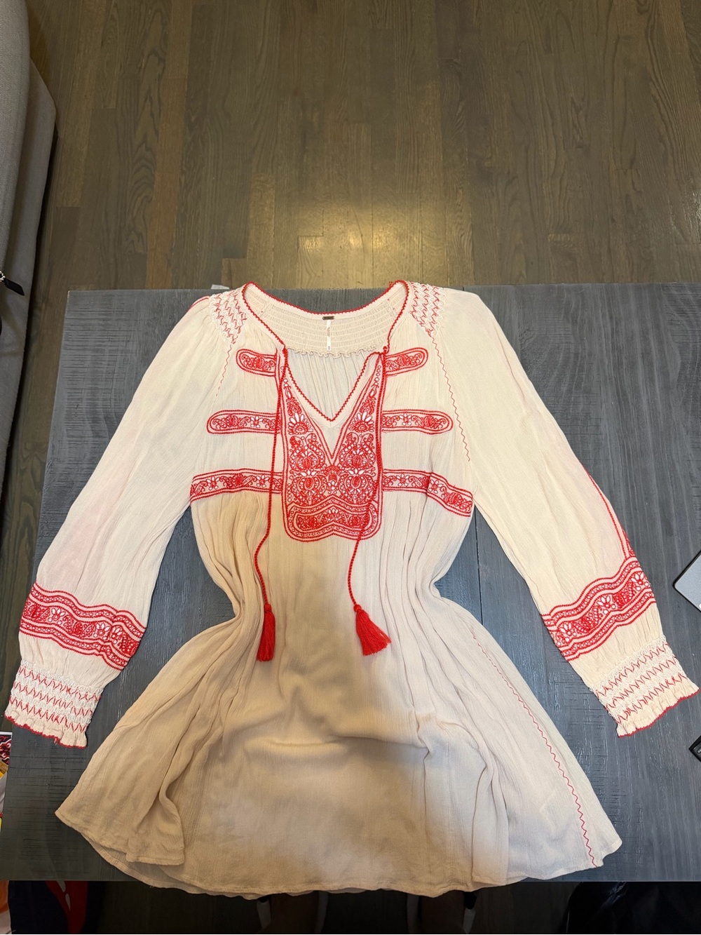 Free People White Peasant Dress with Red Embroidery